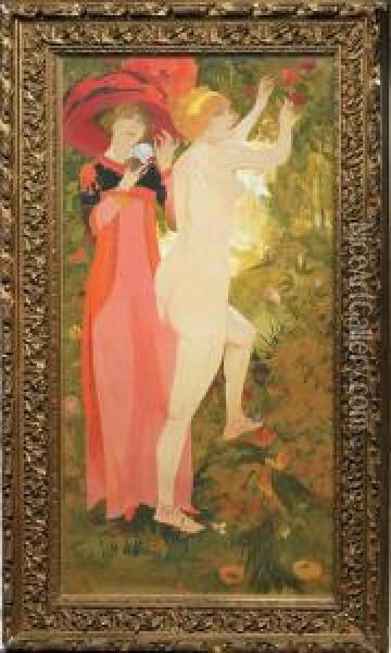 Elegante Et Nu Feminin E La Pomme Oil Painting - Georges de Feure