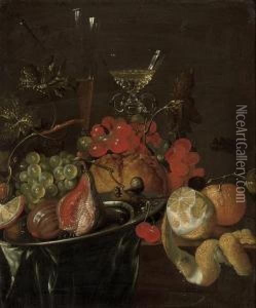 Figs And Grapes On A Pewter 
Platter, Two Glass Roemers, A Partlypeeled Lemon And An Orange On A 
Draped Wooden Ledge Oil Painting - Cornelis De Heem