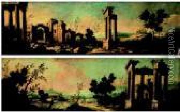 Paesaggi Con Rovine Architettoniche, Figure E Villaggi Sullo Sfondo Oil Painting - Alessio De Marchis