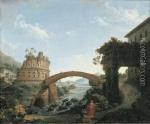 Paesaggio Laziale Con Il Tempio Di Vespasiano In Primo Piano E Rovine Classiche Oil Painting - Alessio De Marchis
