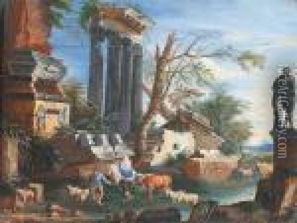 A Pastoral Landscape With Roman Ruins; And A Pastoral Wooded Landscape Oil Painting - Isaac de Moucheron