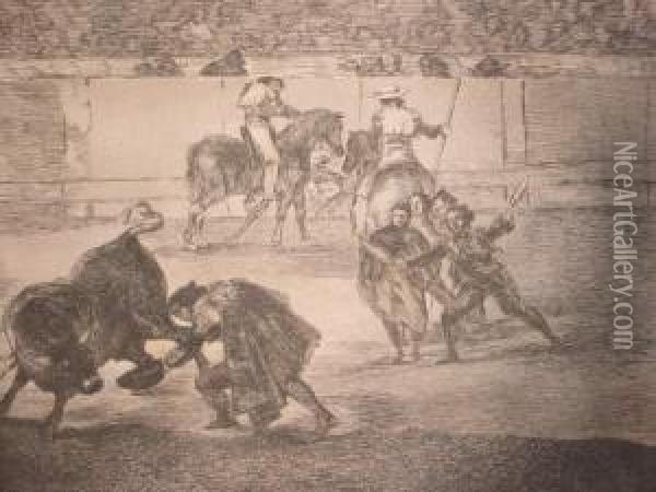Peppe Illo Haciendo El Recorte Al Toro. Oil Painting - Francisco De Goya y Lucientes