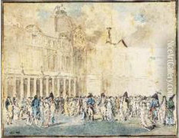 Assemblee D'hommes Et De Femmes Dans La Cour Du Palais Royal A
 Paris Oil Painting - Philibert-Louis Debucourt