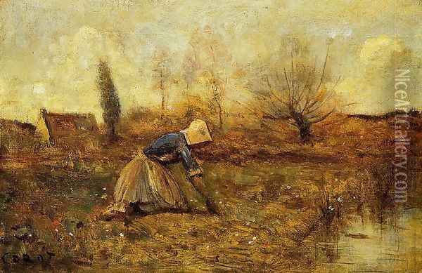 Farmer Kneeling Picking Dandelions Oil Painting - Jean-Baptiste-Camille Corot