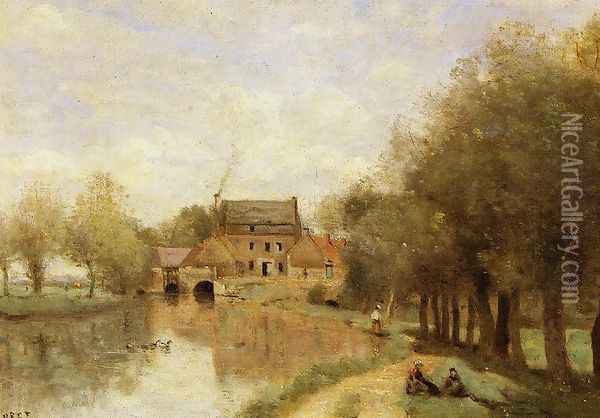 Arleux-du-Nord, the Drocourt Mill, on the Sensee Oil Painting - Jean-Baptiste-Camille Corot