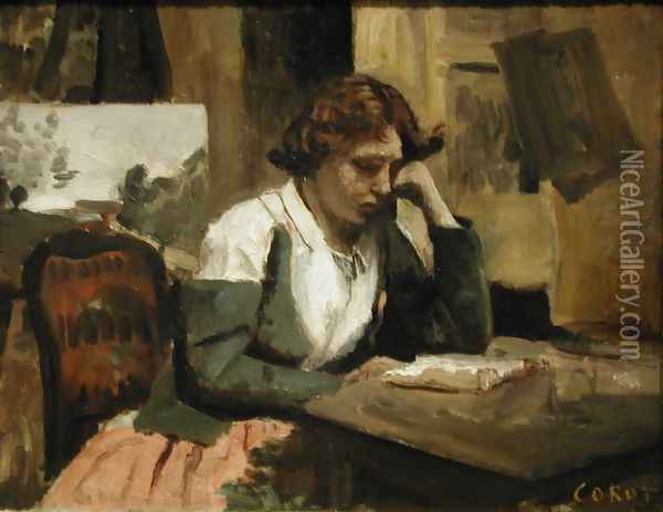 Girl Reading Oil Painting - Jean-Baptiste-Camille Corot