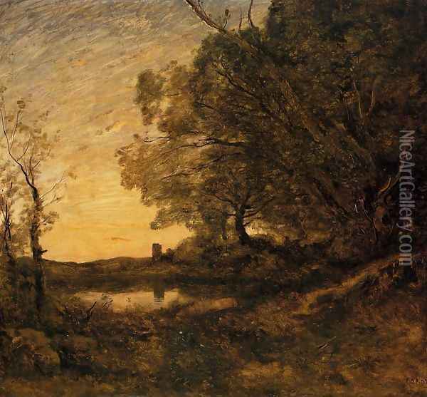 Evening - Distant Tower Oil Painting - Jean-Baptiste-Camille Corot