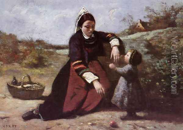 Breton Woman and her Little Girl, 1855-65 Oil Painting - Jean-Baptiste-Camille Corot