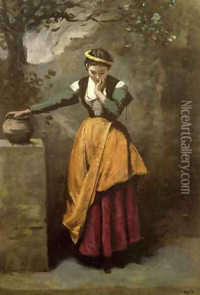 Dreamer at the Fountain, c.1860 Oil Painting - Jean-Baptiste-Camille Corot