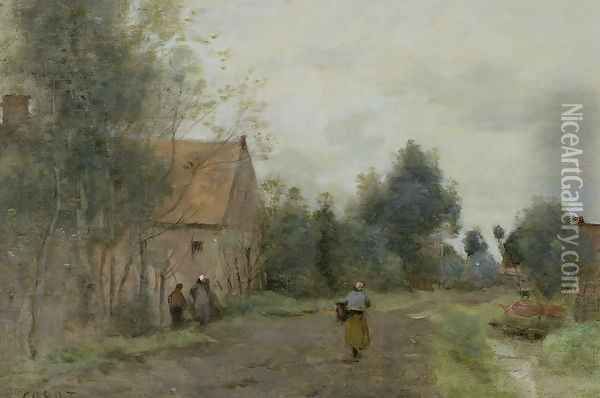 Sin near Douai, Village Street in the Morning, Grey Weather, 1872 Oil Painting - Jean-Baptiste-Camille Corot