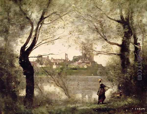 View of the Town and Cathedral of Mantes Through the Trees, Evening Oil Painting - Jean-Baptiste-Camille Corot