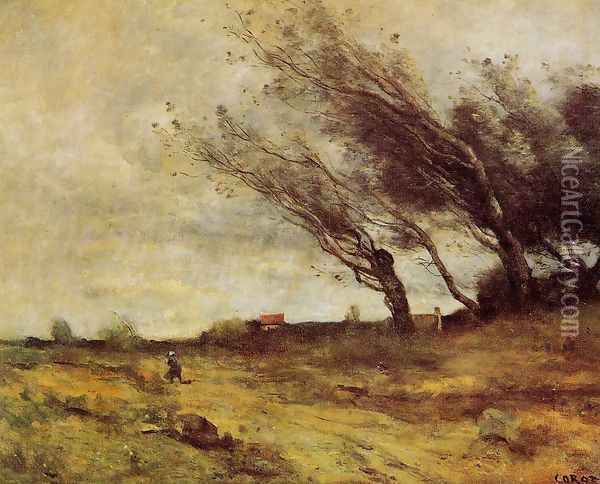 Windswept Landscape Oil Painting - Jean-Baptiste-Camille Corot