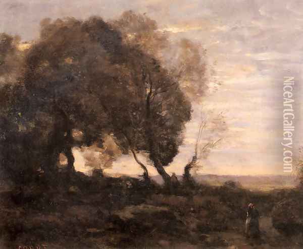 Arbres Tordus Sur Une Crete (Soleil Couchant) Oil Painting - Jean-Baptiste-Camille Corot