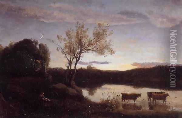 Pond with Three Cows and a Crescent Moon Oil Painting - Jean-Baptiste-Camille Corot