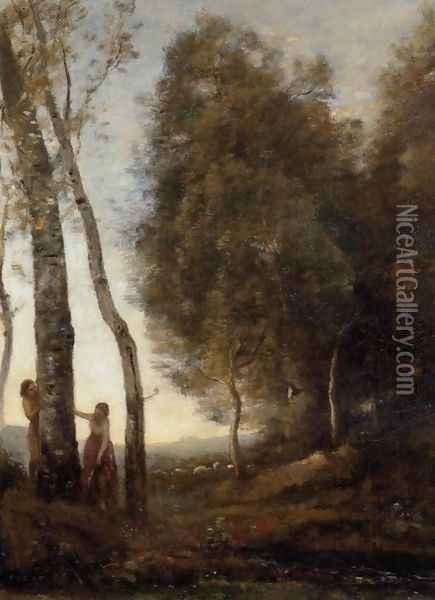 Shepherd and Shepherdess at Play Oil Painting - Jean-Baptiste-Camille Corot