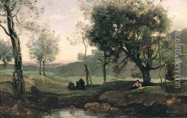Sunset- Figures Under Trees Oil Painting - Jean-Baptiste-Camille Corot