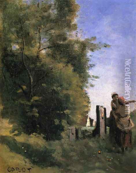 Two Women Talking by a Gate Oil Painting - Jean-Baptiste-Camille Corot