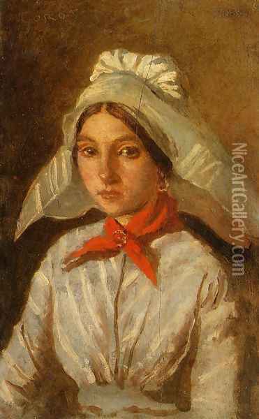 Young Girl with a Large Cap on Her Head Oil Painting - Jean-Baptiste-Camille Corot