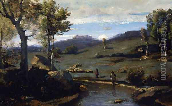 Roman Countryside - Rocky Valley with a Herd of Pigs Oil Painting - Jean-Baptiste-Camille Corot