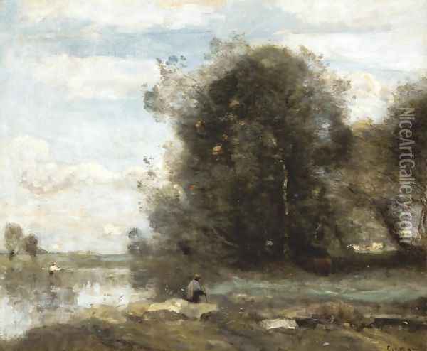 Le pecheur à la ligne. Souvenir des Marais du Nord Oil Painting - Jean-Baptiste-Camille Corot