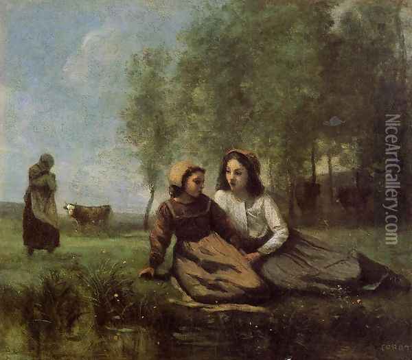 Two Cowherds in a Meadow by the Water Oil Painting - Jean-Baptiste-Camille Corot