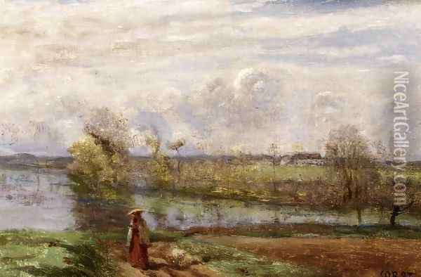 Girl Reading by the Water Oil Painting - Jean-Baptiste-Camille Corot
