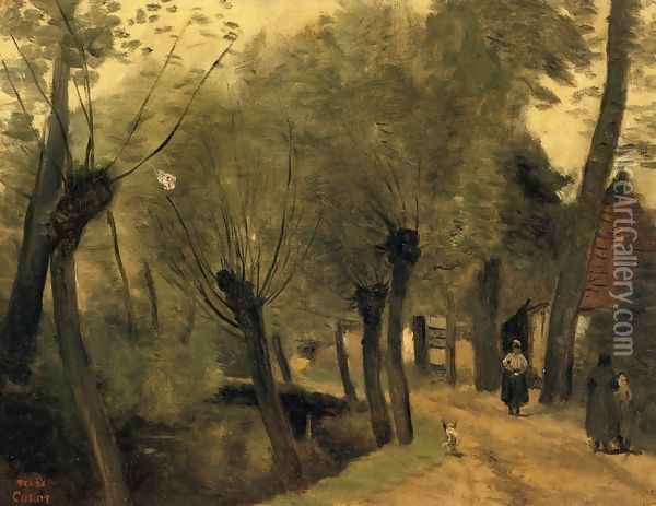 LaBuissiere, near Bethune (pas de Calais): Lane Bordered by Willows Oil Painting - Jean-Baptiste-Camille Corot