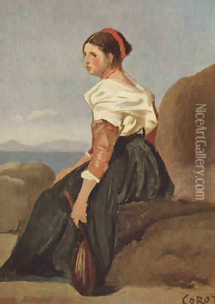 Frau mit Mandoline Oil Painting - Jean-Baptiste-Camille Corot