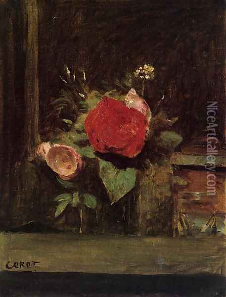 Bouquet of Flowers in a Vase next to a Pot of Tobacco Oil Painting - Jean-Baptiste-Camille Corot