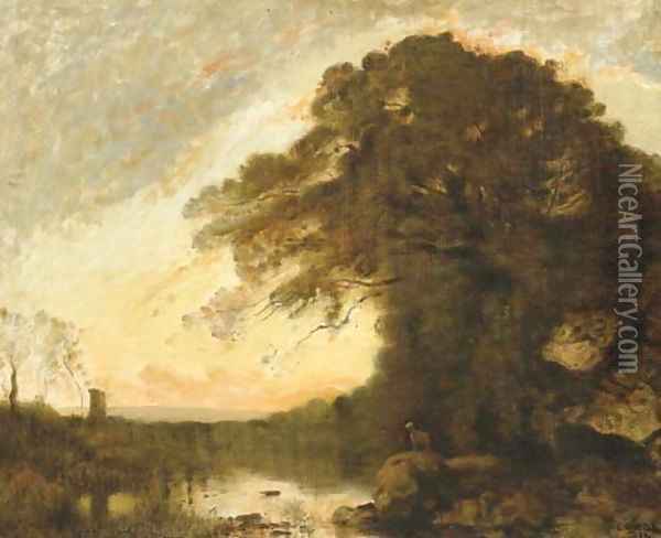 Souvenir d'Italie, soleil couchant Oil Painting - Jean-Baptiste-Camille Corot