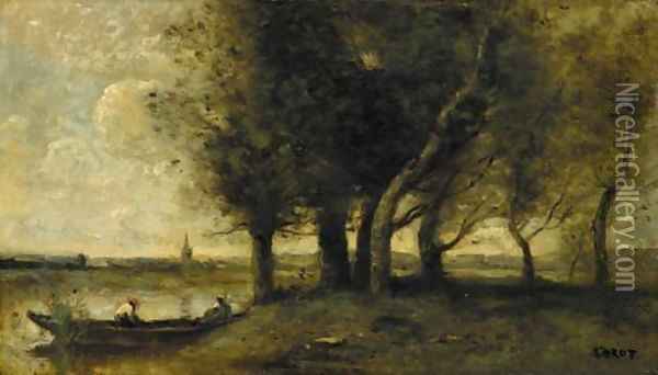 Barque a la Rive, au pied d'un groupe d'arbres Oil Painting - Jean-Baptiste-Camille Corot