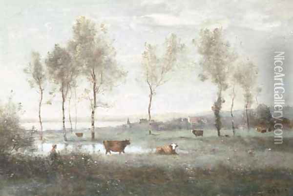 Paturage dans les marais (Souvenir des environs d'Amiens) Oil Painting - Jean-Baptiste-Camille Corot