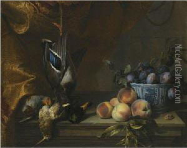 Still Life Of Plums In A Blue 
And White Porcelain Bowl Togetherwith Peaches,a Partridge And A Woodcock
 And A Hanging Mallard, Allon A Stone Ledge With A Red And Gold Brocade 
Hanging To Theleft Oil Painting - Alexandre-Francois Desportes
