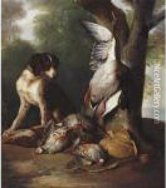 Still Life Of Game Birds And A Dog In A Landscape Oil Painting - Alexandre-Francois Desportes