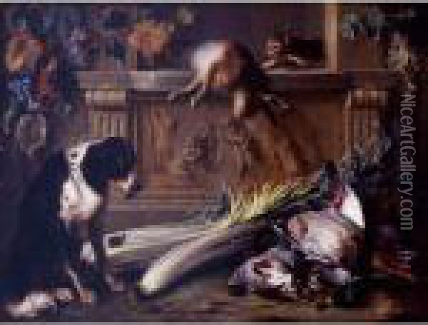 Still Life With Game, A Dog, A 
Cat And A Hare On A Table Decorated With A Bas Relief By Francois 
Duquesnoy Oil Painting - Alexandre-Francois Desportes