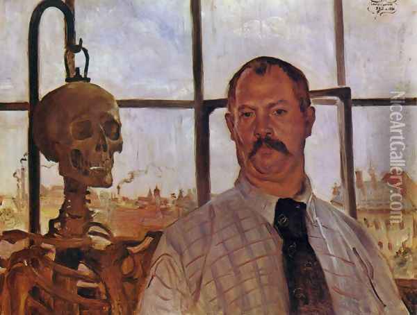 Self-portrait with skeleton, 1896 Oil Painting - Lovis (Franz Heinrich Louis) Corinth
