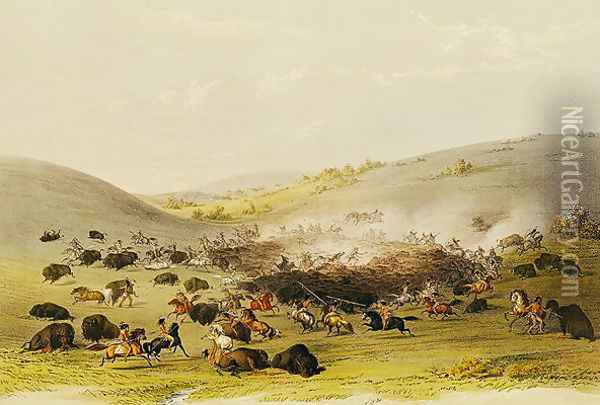 Buffalo Hunt, Surround, c.1832 Oil Painting - George Catlin