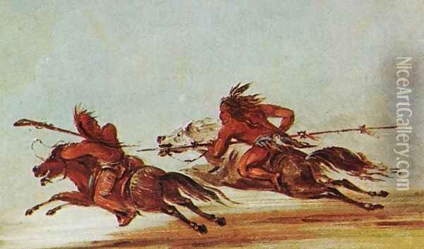 War on the plains. Comanche (right) trying to lance Osage warrior Oil Painting - George Catlin