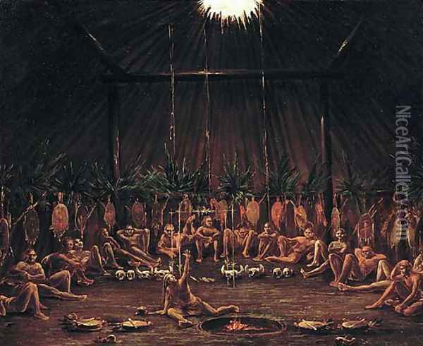 Interior View of the Medicine Lodge, Mandan O-kee-pa Ceremony Oil Painting - George Catlin