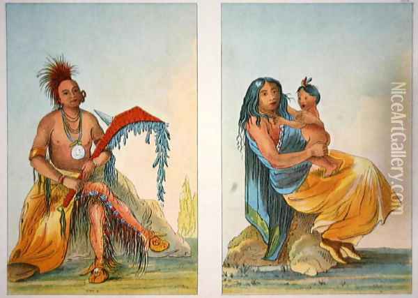Head Chief Clermont and his wife and child, 1841 Oil Painting - George Catlin