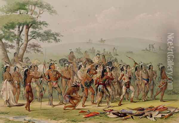 Mandan Archery Contest, c.1832 Oil Painting - George Catlin