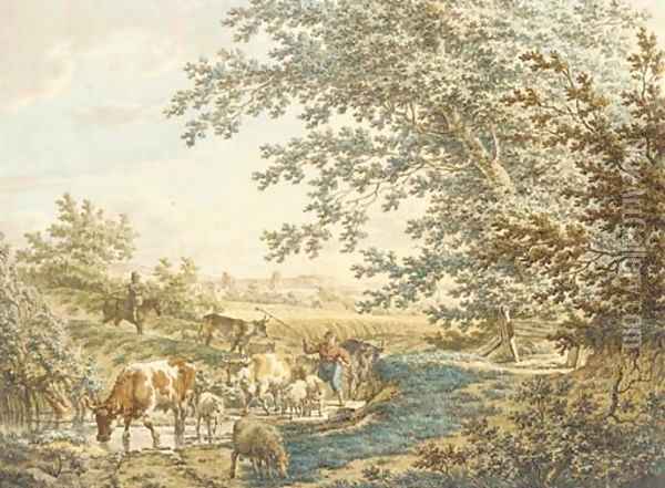 Cattle at a pond in a landscape Oil Painting - Jacob Cats