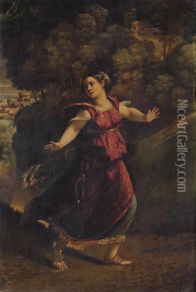 A Woman Fleeing On A Wooded Path Oil Painting - Dosso Dossi