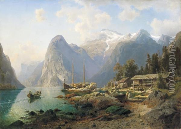 Fjordlandschaft Oil Painting - Johannes-Bertholomaus Dutntze