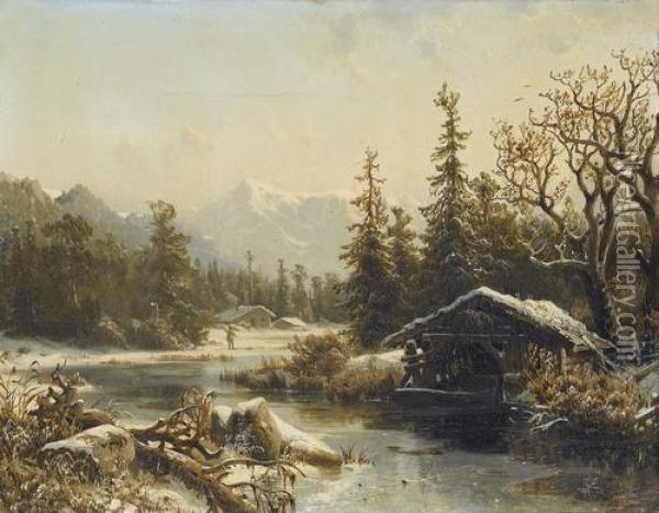Winterlandschaft Mit Bach Und Alpensicht Oil Painting - Johannes-Bertholomaus Dutntze