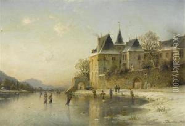 Winter Landscape With Frozen Lake. Oil Painting - Johannes-Bertholomaus Dutntze
