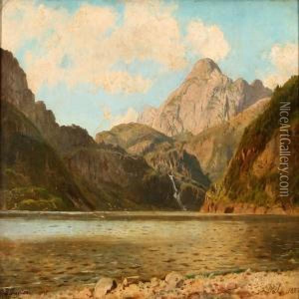 Norwegian Fiordscene With Mountains Oil Painting - Johannes-Bertholomaus Dutntze