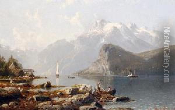 An Alpine Lake Scene, Probably Lake Hallstatter, Dachstein Oil Painting - Johannes-Bertholomaus Dutntze