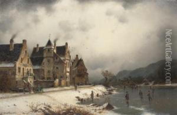 Skaters On A Winter Waterway Oil Painting - Johannes-Bertholomaus Dutntze