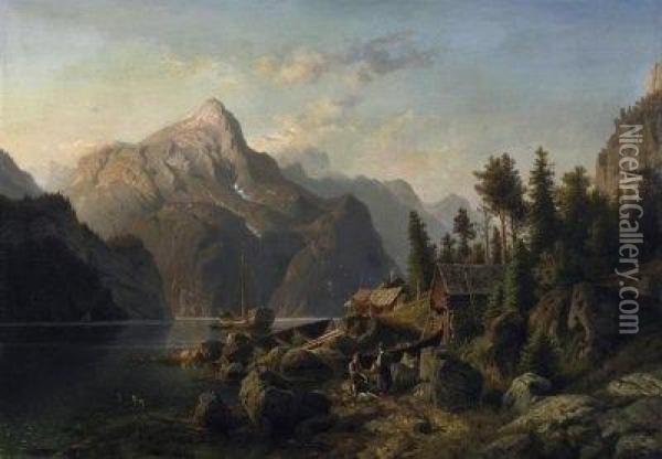Summer In The Fjord. Fishermen 
In Front Of Their Wooden Cottages By The Water. Signed And Dated Lower 
Left: J. Duntze 1867 Oil Painting - Johannes-Bertholomaus Dutntze